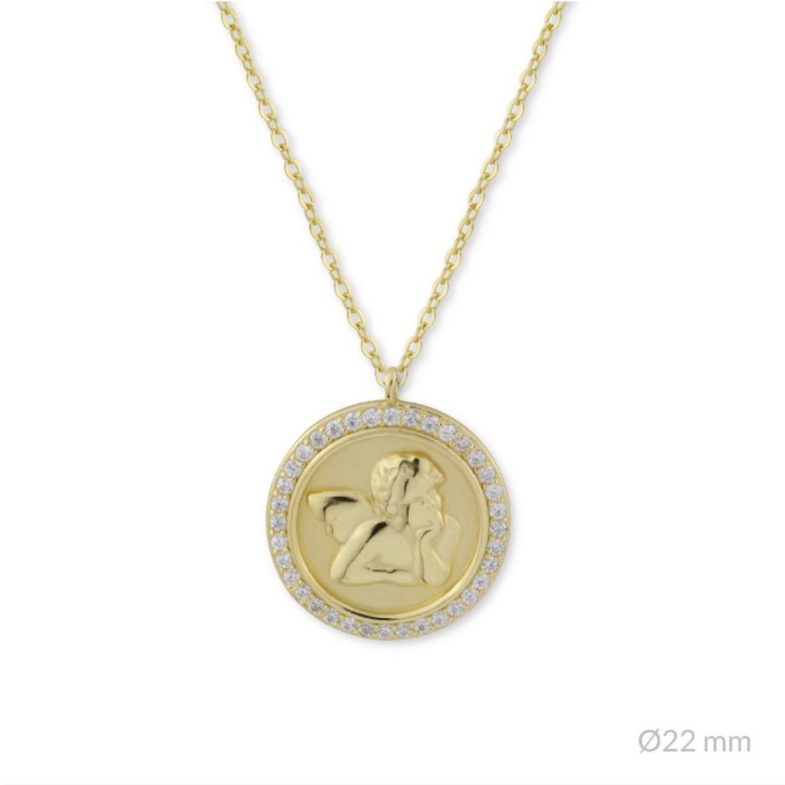 Collar Redondo con un angelote, piedras brillantes y baño de oro