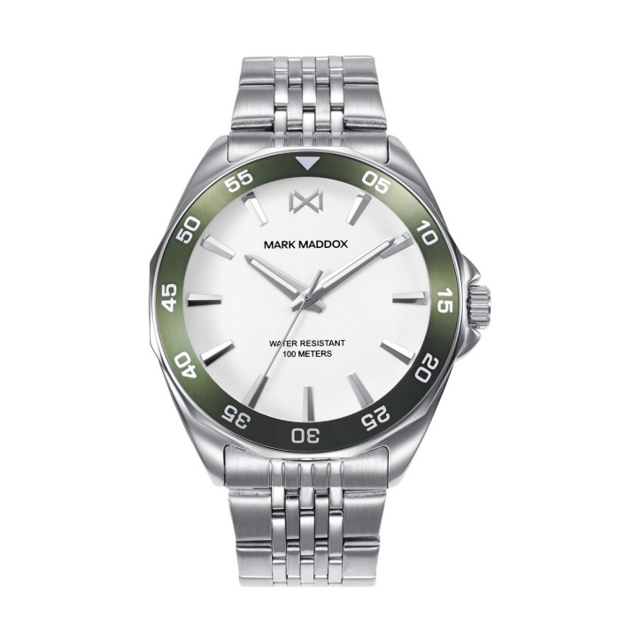 Reloj caja de acero con bisel en verde 10 Atm, brazalete de acero,movimiento cuarzo - HM1022-07