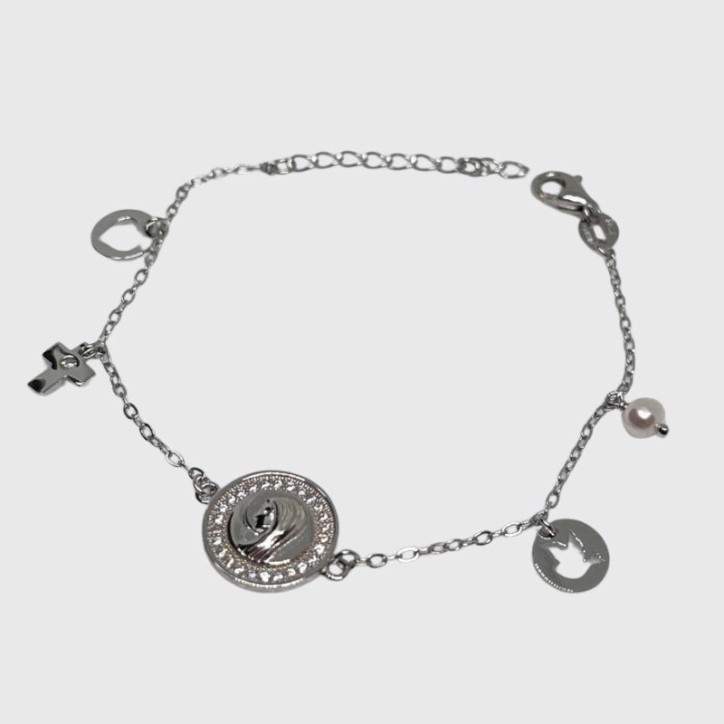 Pulsera Virgen Niña con Cruz, Corazón Perla y Paloma