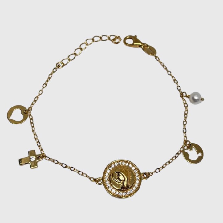 Pulsera Virgen Niña con Cruz, Corazón Perla y Paloma
