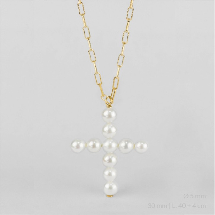Cruz de Perlas con Cadena de Eslabones bañada en Oro