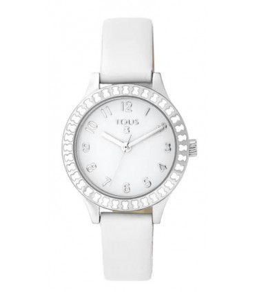 Reloj TOUS Straight Kids de acero con bisel de osos y correa de piel blanca