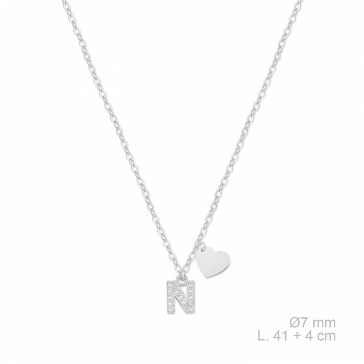 Collar Inicial N Plata con Circonitas Transparentes y Corazón - C5757A