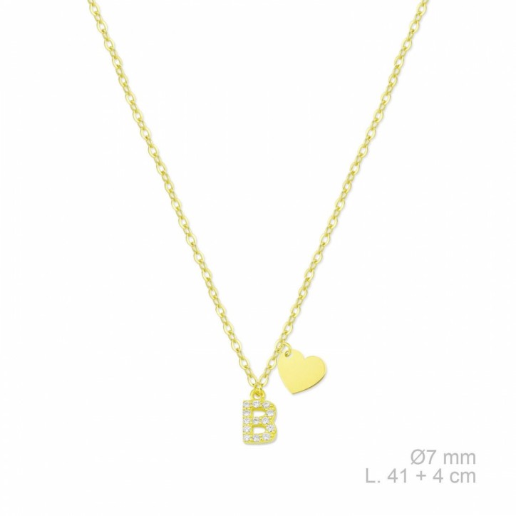 Collar Inicial B Plata Bañada con Circonitas Transparentes y Corazón - C5734C