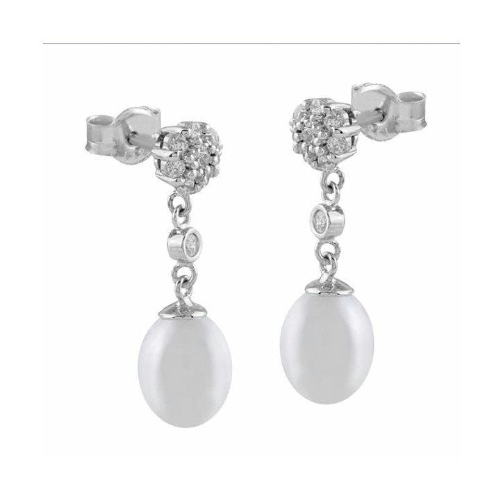 Pendientes Oro Blanco con Diamantes y Perlas - GEA-101-107-UU