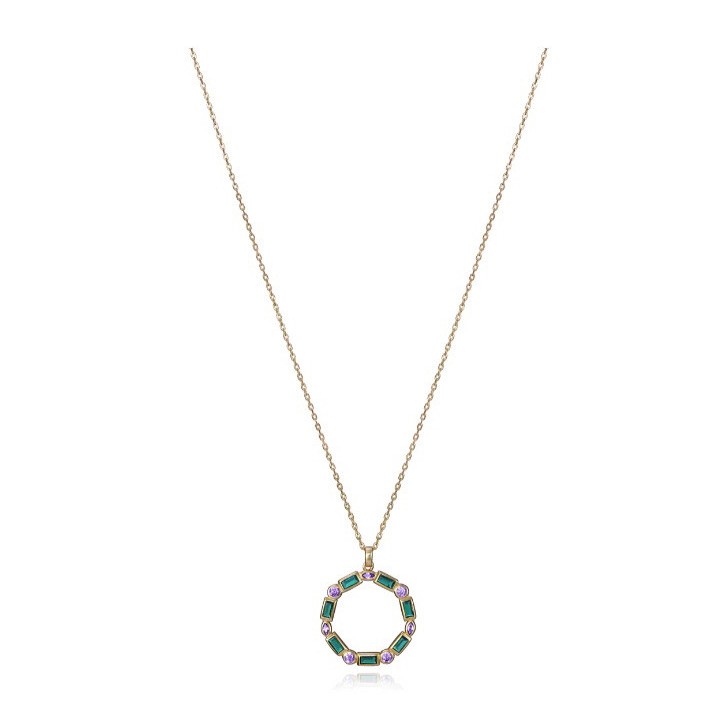 Collar Elegant de plata de ley con baño de oro, colgante de aro con circonitas verdes y violetas - 9120C100-39