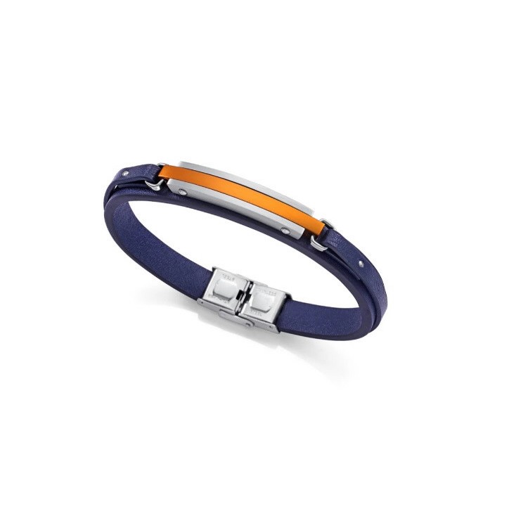 PULSERA DE PIEL AZUL, PLACA DE ACERO Y ALUMINIO NARANJA - 14146P09019